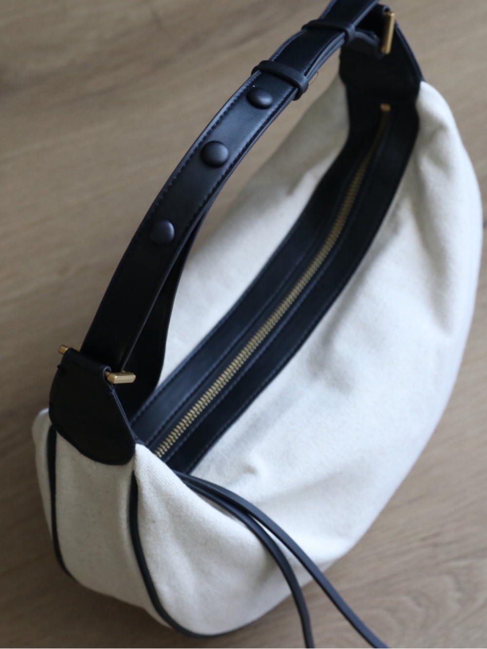 Zara Linen Cotton Oval Hobo Shoulder Bag Cream Black - Picture 6 of 15